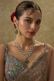 Gold Finish Moissanite Polki & Green Cabochon Layered Necklace Set