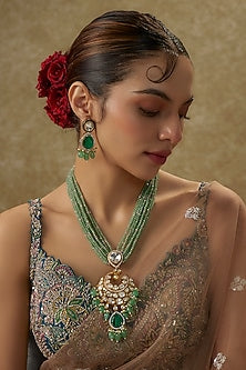 Gold Finish Kundan Polki & Emerald Doublet Stone Long Necklace Set