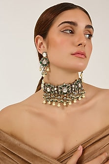 Black Rhodium Finish Moissanite Polki & Emerald Stone Choker Necklace Set