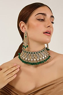 Two-Tone Finish Uncut Kundan Polki & Emerald Stone Handcrafted Choker Necklace Set