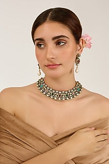 Black Rhodium Finish Uncut Kundan Polki & Hydro Quartz Stone Choker Necklace Set