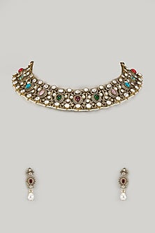 Black Rhodium Finish Uncut Kundan Polki & Hydro Quartz Stone Choker Necklace Set