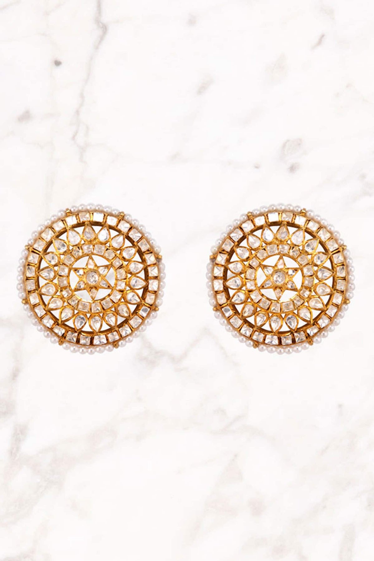 Polki & Pearl Circular Stud Earrings 