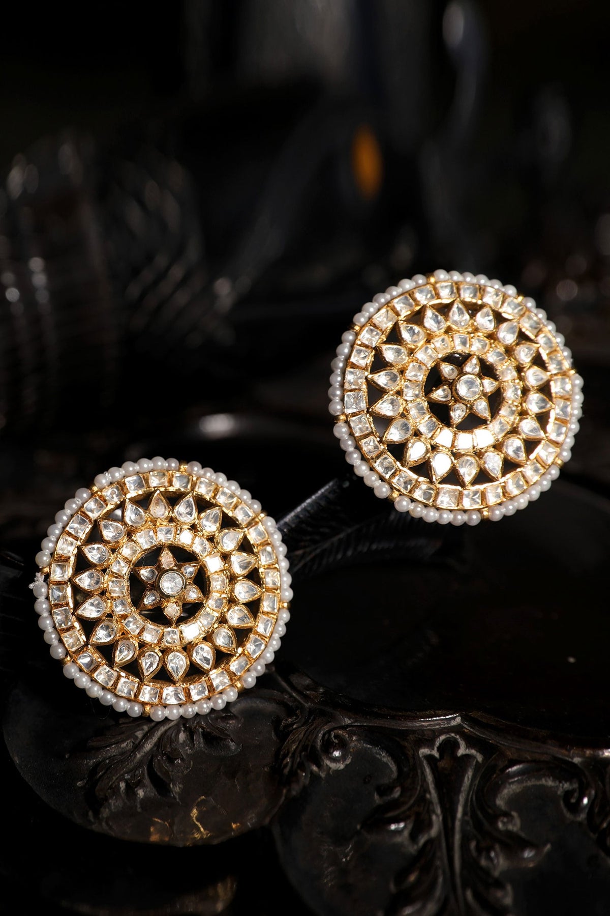 Polki & Pearl Circular Stud Earrings 