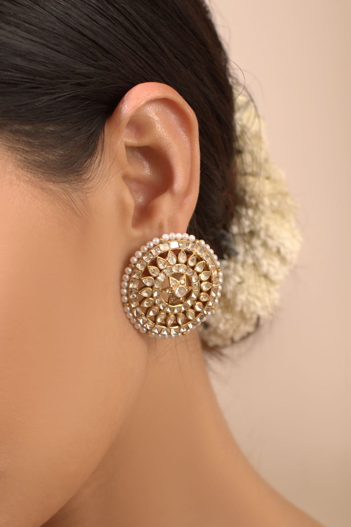Polki & Pearl Circular Stud Earrings 