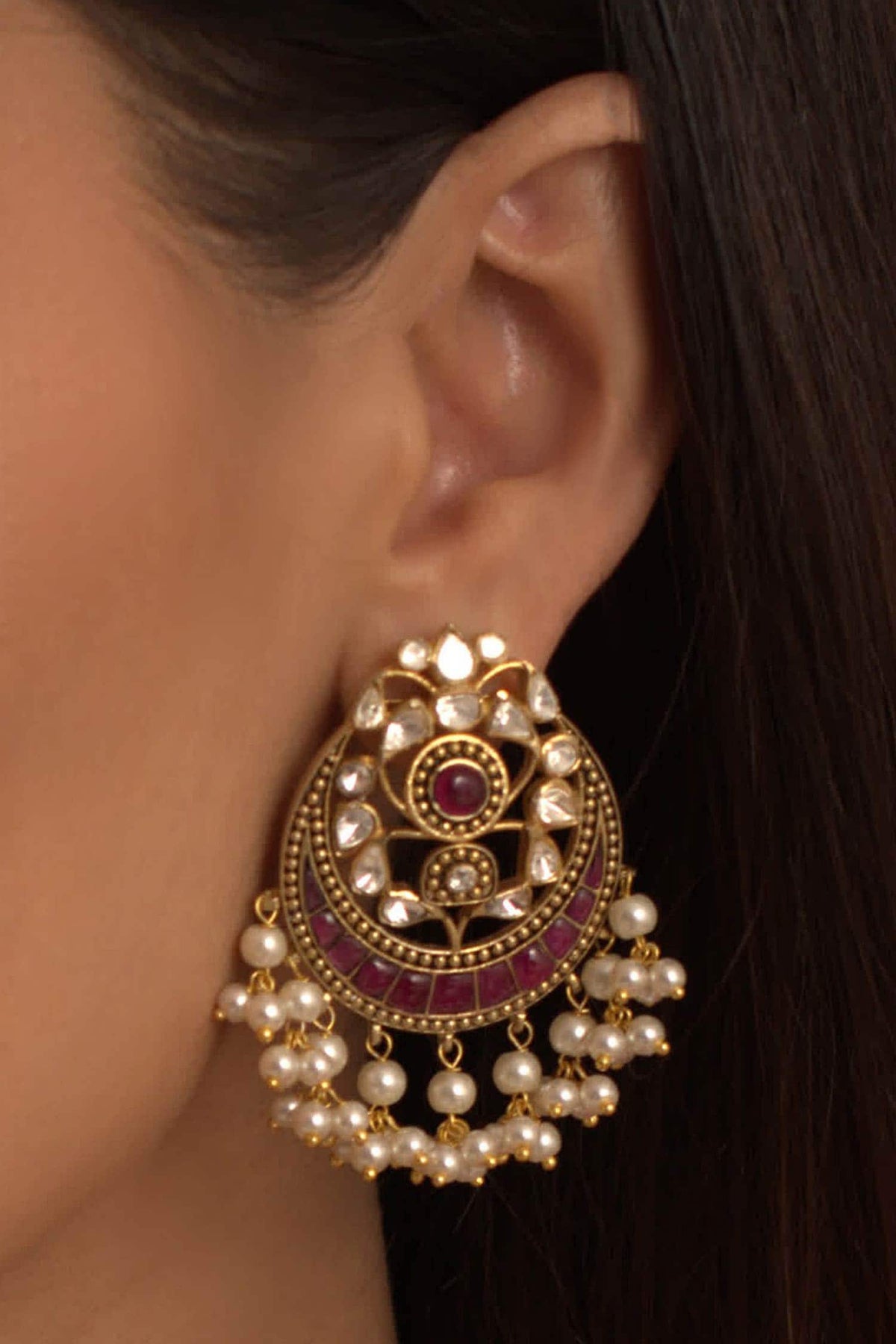 Gold Vellore Polki Pearl Chandbalis 