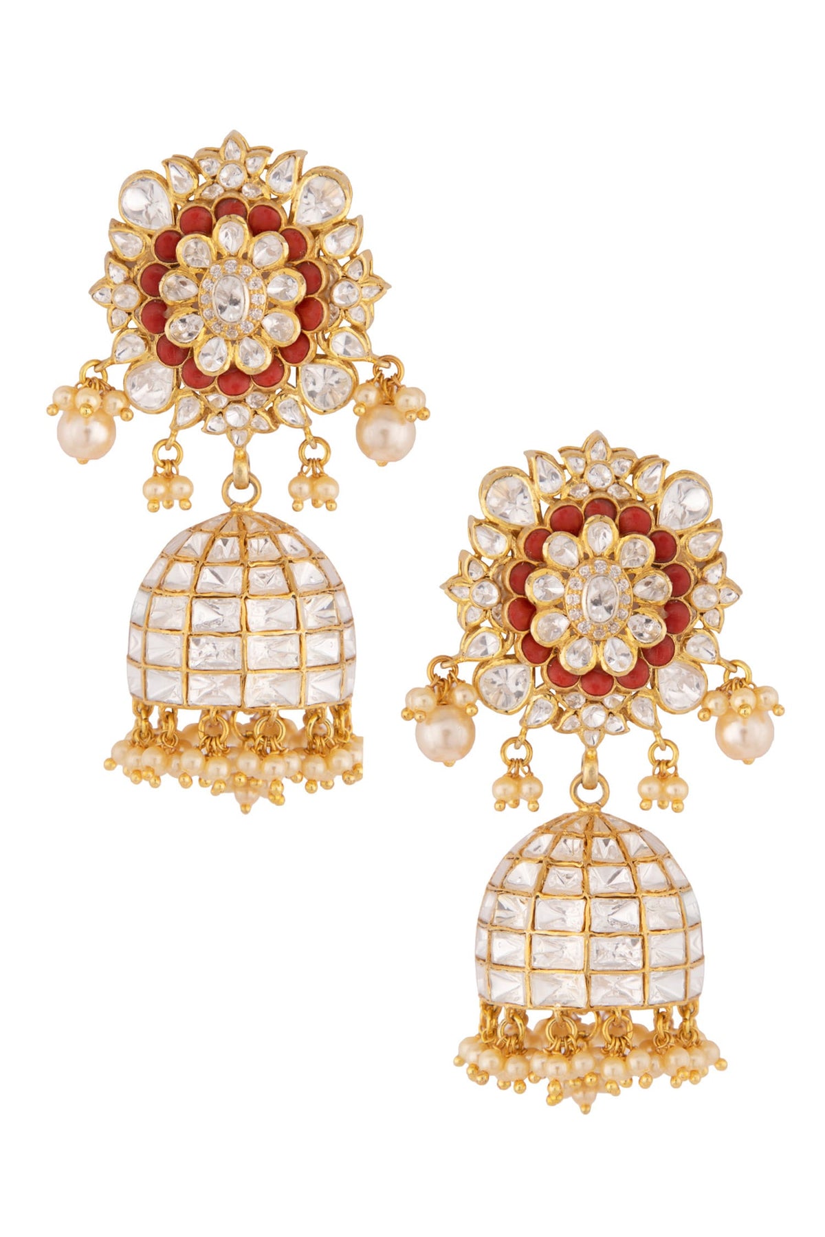Floral Polki Jhumkas with Pearl & Coral 