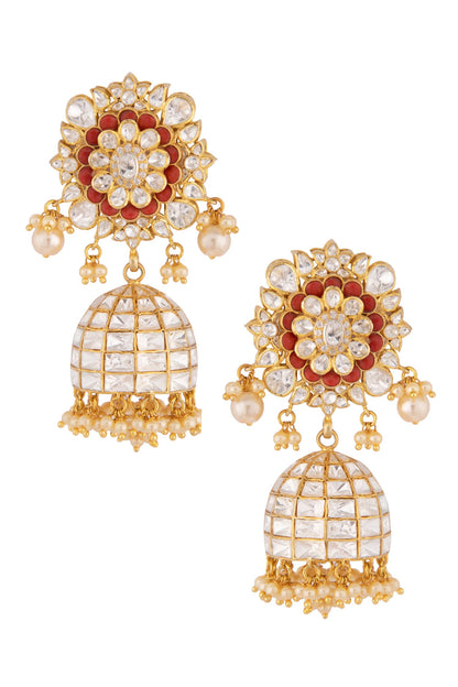 Floral Polki Jhumkas with Pearl & Coral 