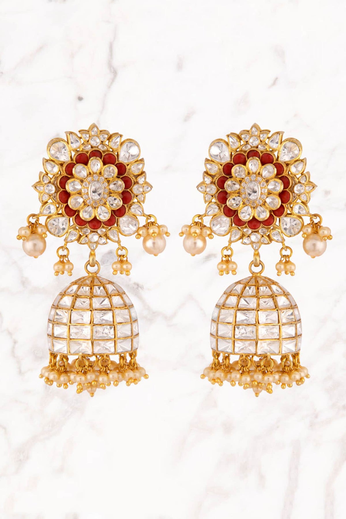 Floral Polki Jhumkas with Pearl & Coral 
