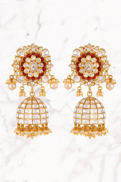 Floral Polki Jhumkas with Pearl & Coral 