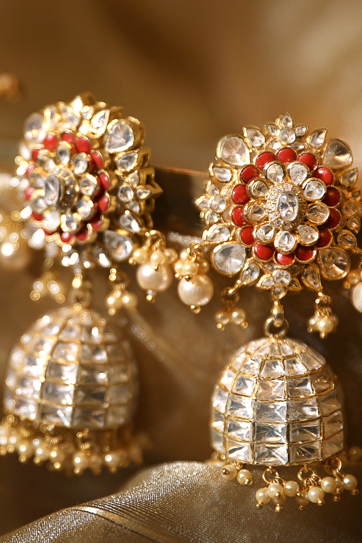 Floral Polki Jhumkas with Pearl & Coral 
