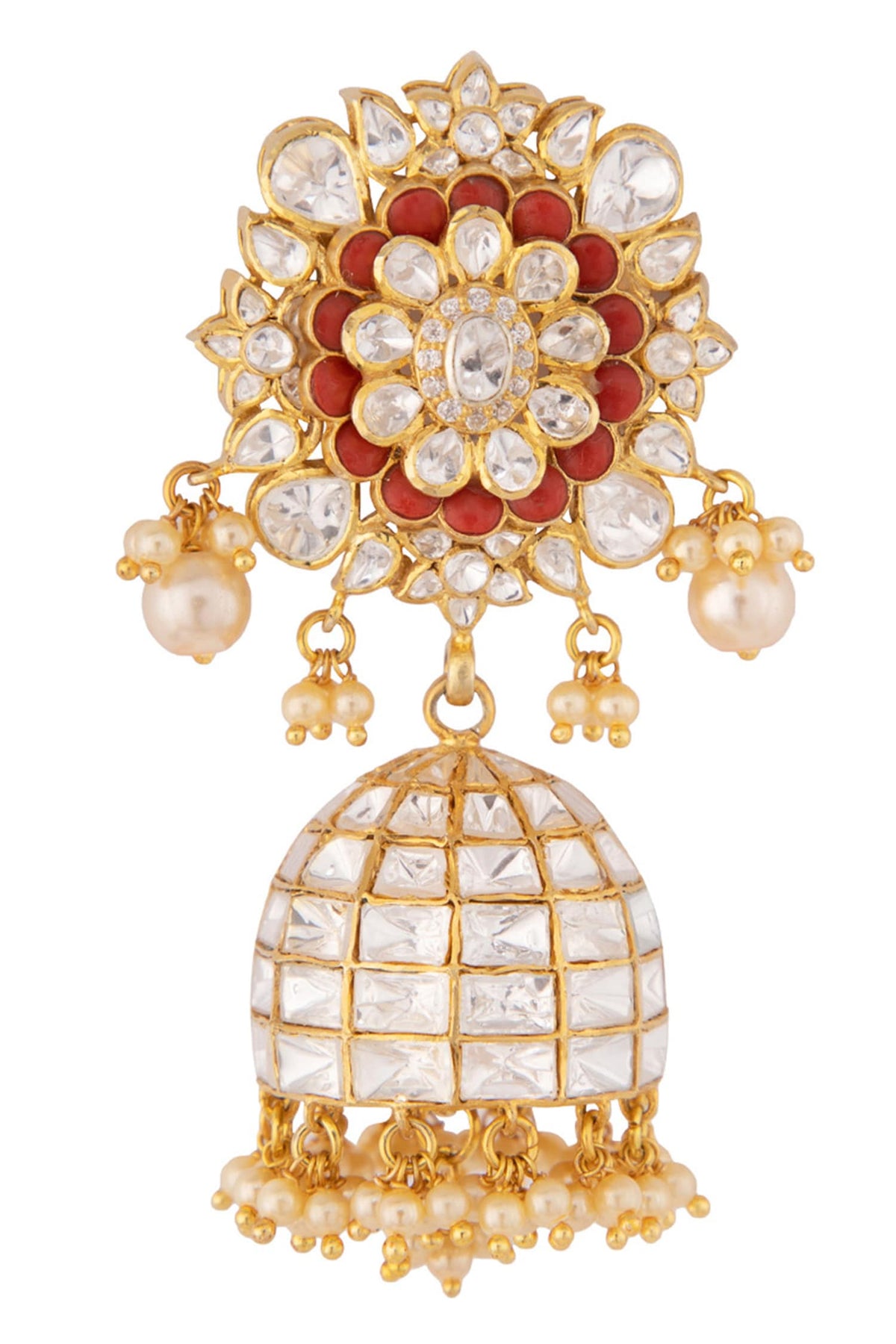 Floral Polki Jhumkas with Pearl & Coral 