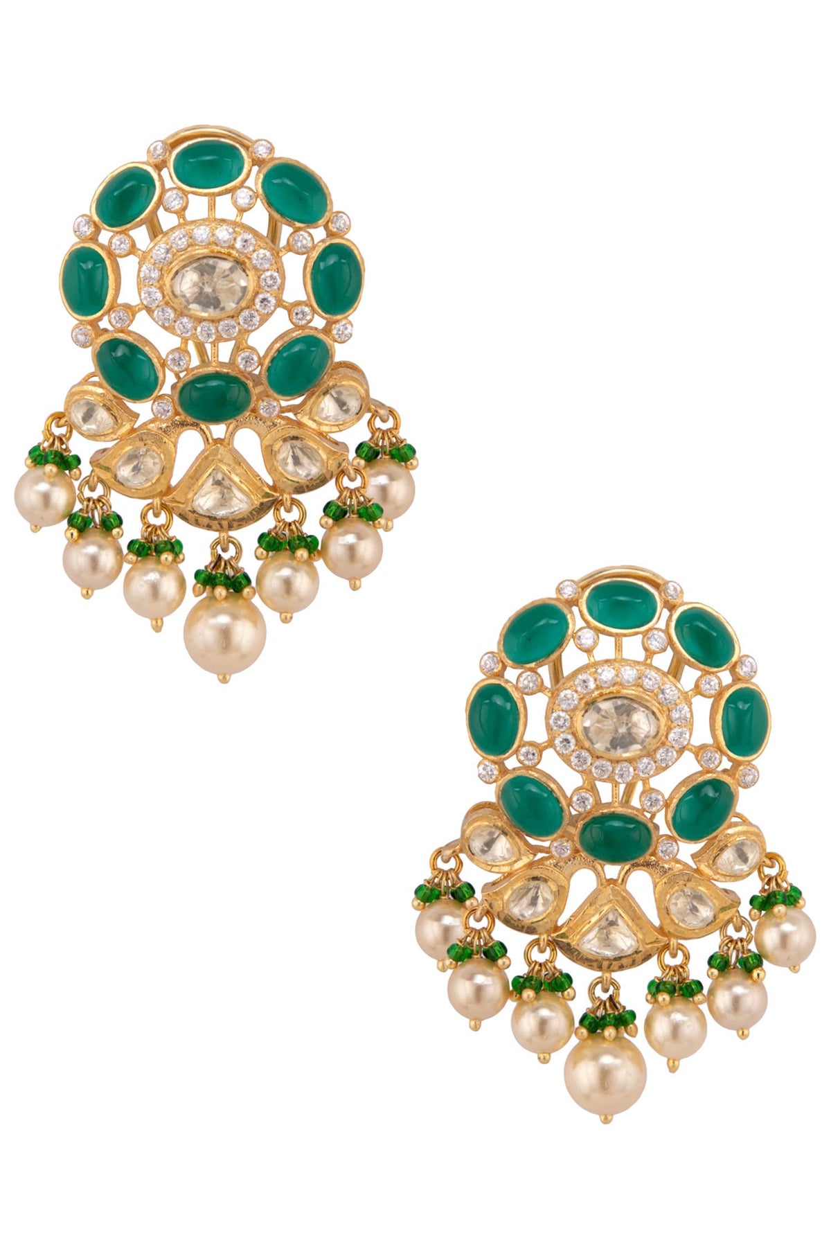Gold Floral Polki Pearl Drop Danglers 