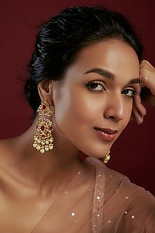 Gold Plated Kundan Polki & Pearl Chandbaali Earrings