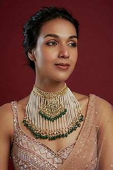 Gold Plated Kundan Polki & Green Beaded Choker Necklace