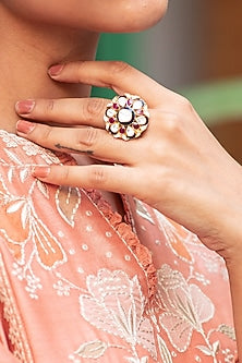 Gold Finish Enameled Ring In 92.5 Sterling Silver