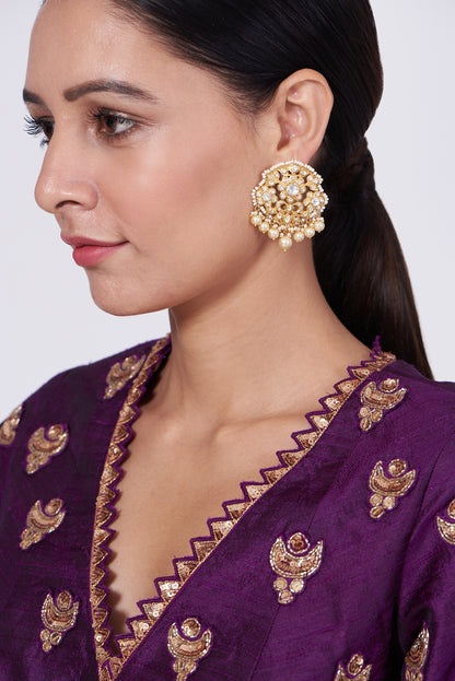 Gold Finish Pearl Stud Earrings In 92.5 Sterling Silver