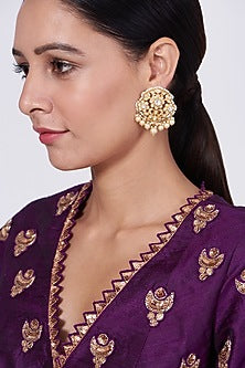 Gold Finish Pearl Stud Earrings In 92.5 Sterling Silver