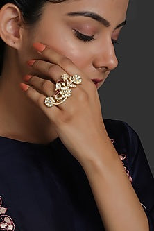 Gold Finish Two Finger Ring In 92.5 Sterling Silver