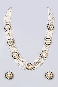 Gold Finish Pearl Necklace Set In Sterling Silver