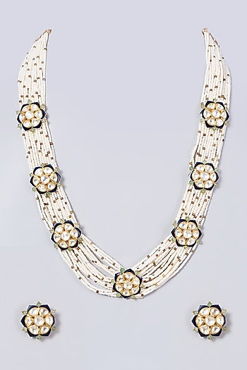 Gold Finish Pearl Necklace Set In Sterling Silver