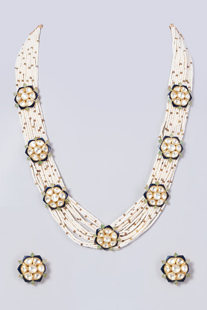 Gold Finish Pearl Necklace Set In Sterling Silver