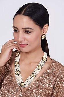 Gold Finish Pearl Necklace Set In Sterling Silver