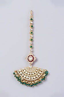 Gold Finish Kundan Polki Maang Tikka In Sterling Silver