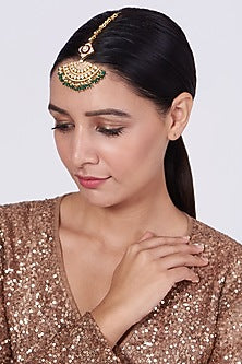 Gold Finish Kundan Polki Maang Tikka In Sterling Silver