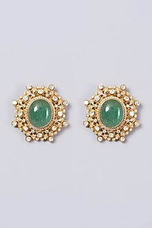 Gold Finish Kundan Polki Stud Earrings In Sterling Silver