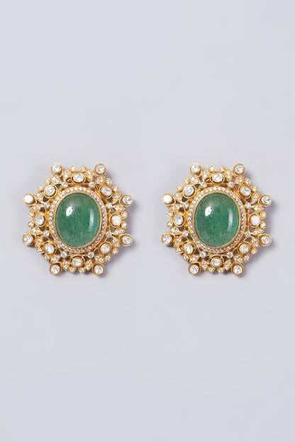 Gold Finish Kundan Polki Stud Earrings In Sterling Silver