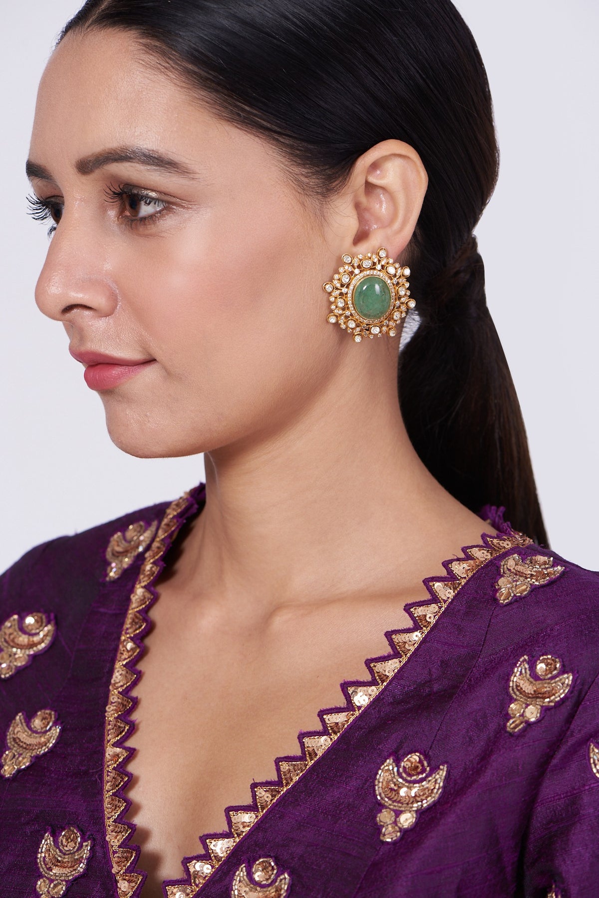 Gold Finish Kundan Polki Stud Earrings In Sterling Silver
