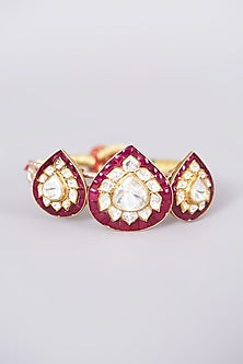 Gold Finish Kundan Polki Hand Cuff In Sterling Silver