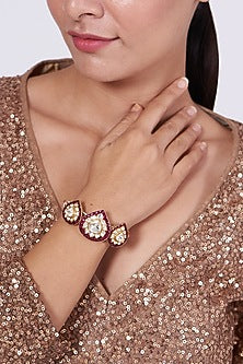 Gold Finish Kundan Polki Hand Cuff In Sterling Silver