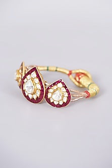 Gold Finish Kundan Polki Hand Cuff In Sterling Silver