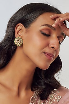 Gold Plated Moissanite Polki Floral Handcrafted Stud Earrings In Sterling Silver
