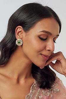 Gold Plated Moissanite Polki Handcrafted Stud Earrings In Sterling Silver