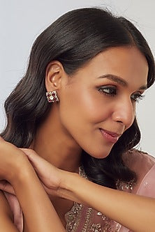 Black Rhodium Finish Zircon & Moissanite Polki Handcrafted Stud Earrings In Sterling Silver