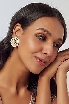 Gold Plated Moissanite Polki Handcrafted Stud Earrings In Sterling Silver