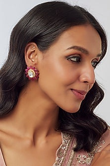 Gold Plated Moissanite Polki Handcrafted Stud Earrings In Sterling Silver
