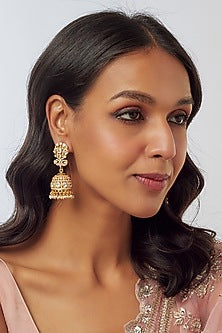 Gold Plated Moissanite Polki & Pearl Handcrafted Jhumka Earrings In Sterling Silver