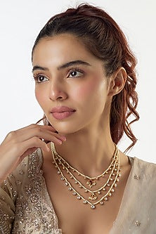 Gold Plated Moissanite Polki & Pearl Handcrafted Necklace In Sterling Silver