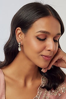 Black Rhodium Finish Kundan Polki Handcrafted Dangler Earrings In Sterling Silver