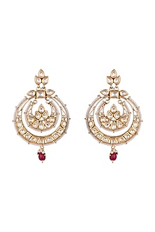 22Kt Gold Plated Polki Stone, Semi Precious Ruby & Pearls Chandbali Earrings