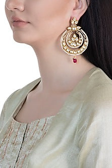 22Kt Gold Plated Polki Stone, Semi Precious Ruby & Pearls Chandbali Earrings