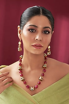Gold Plated Ruby Stone Long Necklace Set