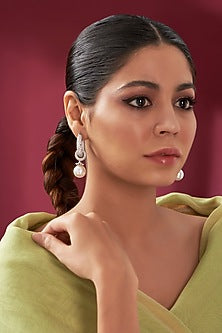 White Rhodium Finish Pearl Drop Hoop Earrings