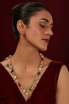 Gold Plated Kundan Polki & Pearl Long Necklace