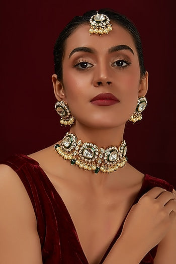 Gold Plated Kundan Polki & Stone Choker Necklace Set
