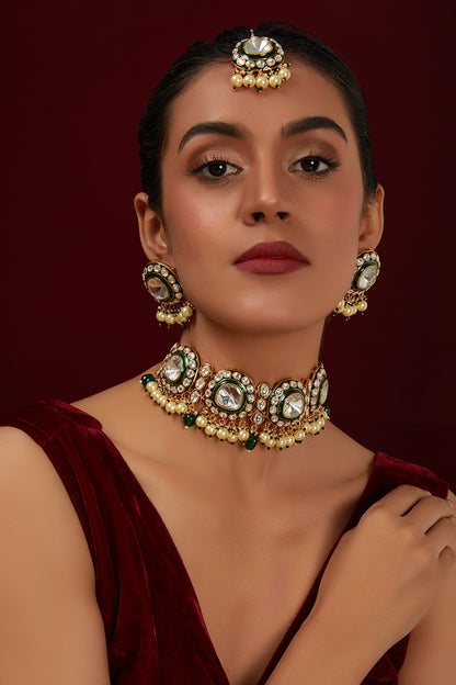 Gold Plated Kundan Polki & Stone Choker Necklace Set